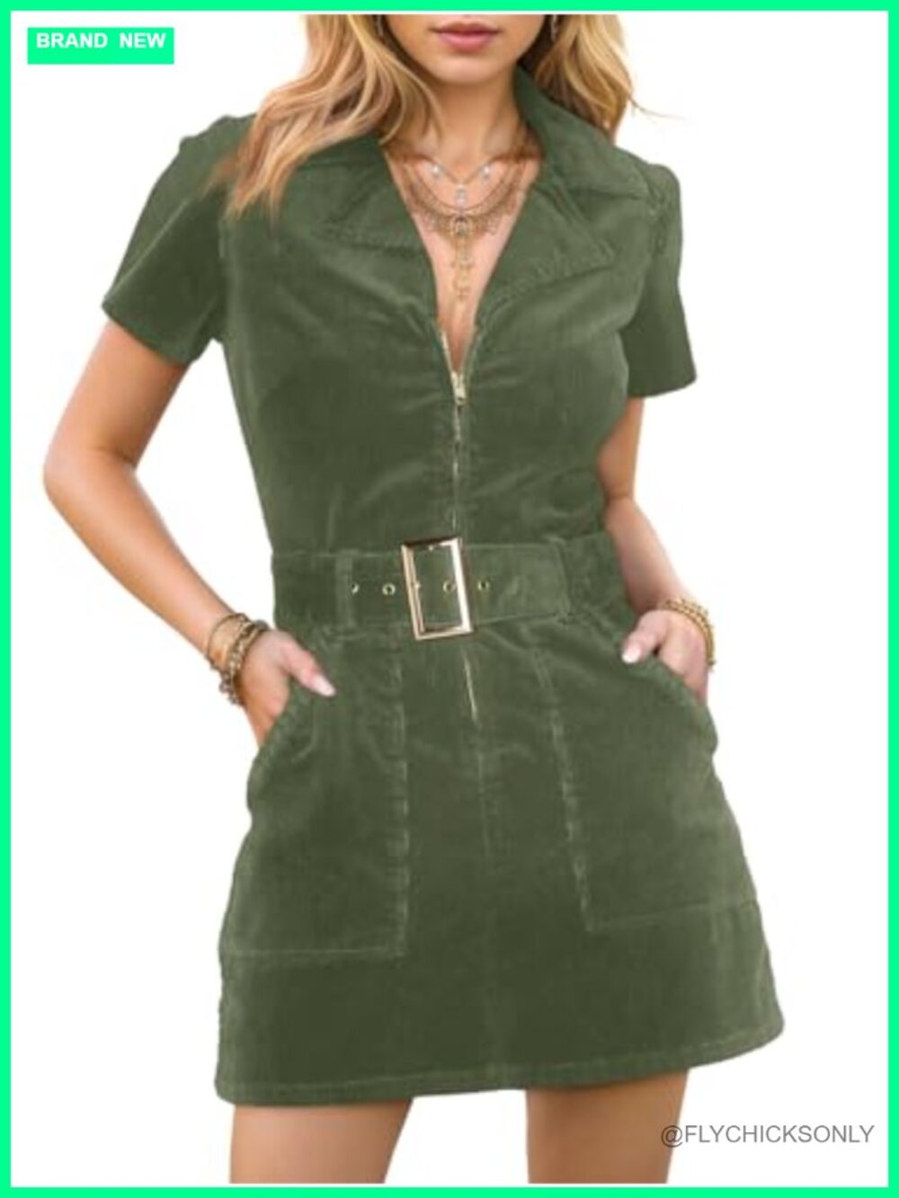 Women's Corduroy Mini Dress Short Sleeve Zip Up Belted Cowgirl Casual